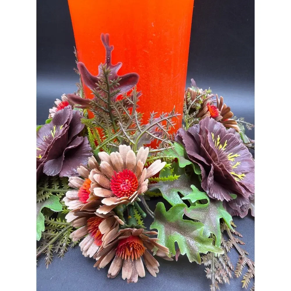 Vintage Fall Floral Centerpiece Orange Pillar Candle Thanksgiving Decor 10x6.5